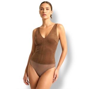 BCBGMAXAZRIA Brown Faux Suede Bodysuit Double Vee-Neck US Sz L